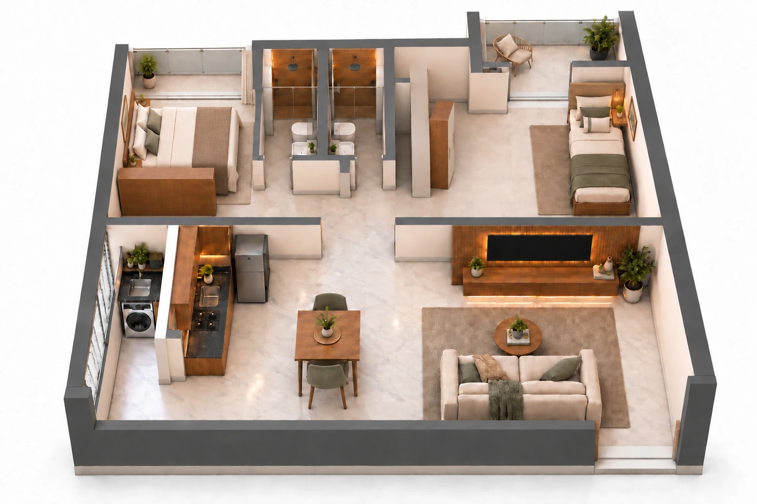 Planta humanizada ilustrativa do Residencial Continental, com dois dormitórios, sala e cozinha integradas.